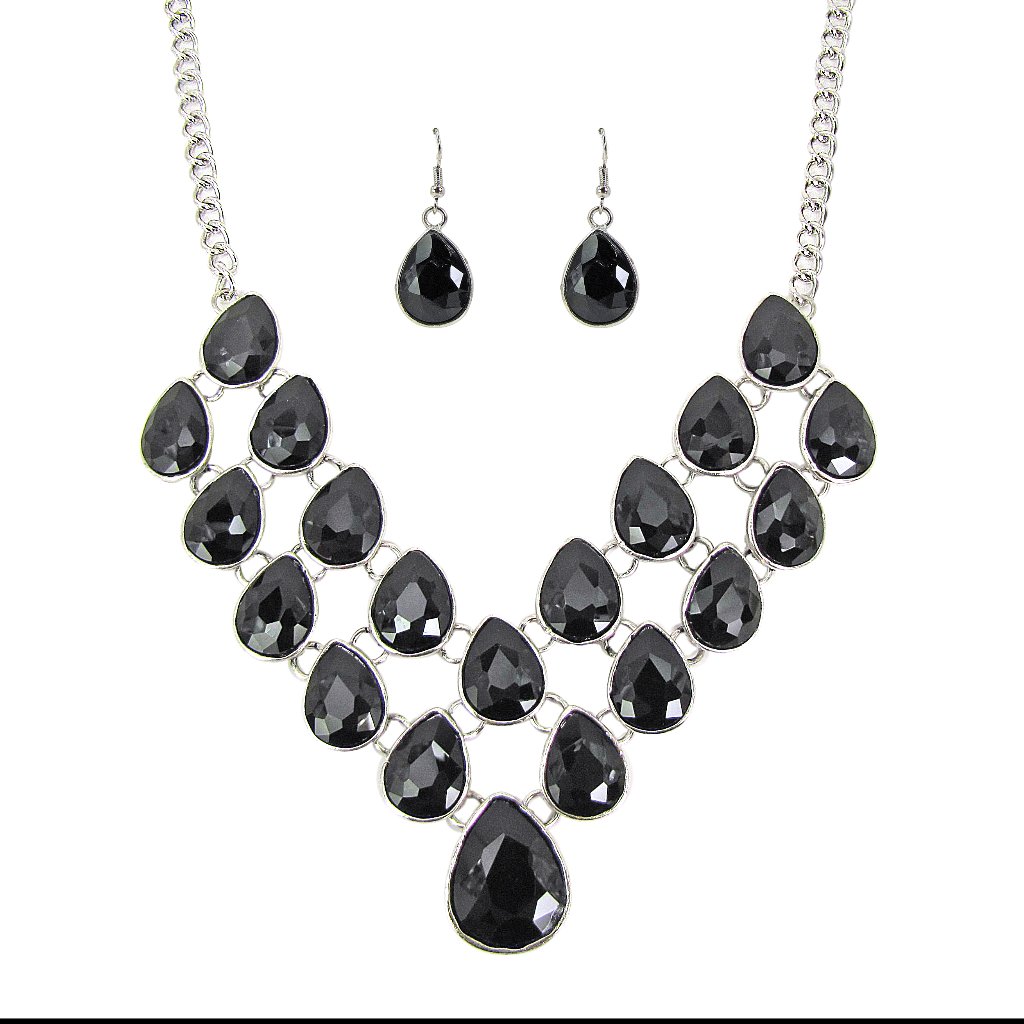 Black Large Teardrop Crystal Statement Necklace And Earring Set V Neck Design